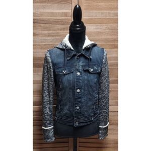 Free People Small Blue Jean Trucker Hoodie Knit Denim Button Distressed Jacket